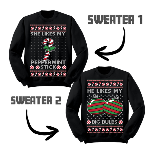 Couples Ugly Christmas Sweater Peppermint Stick Big Bulbs
