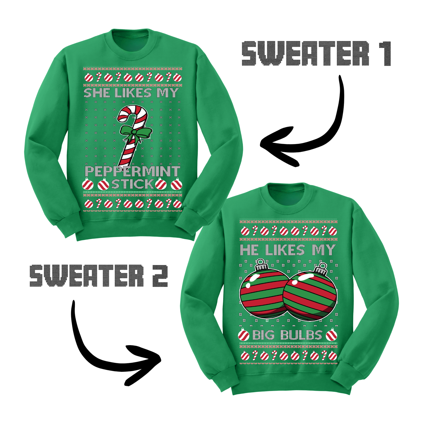 Couples Ugly Christmas Sweater Peppermint Stick Big Bulbs