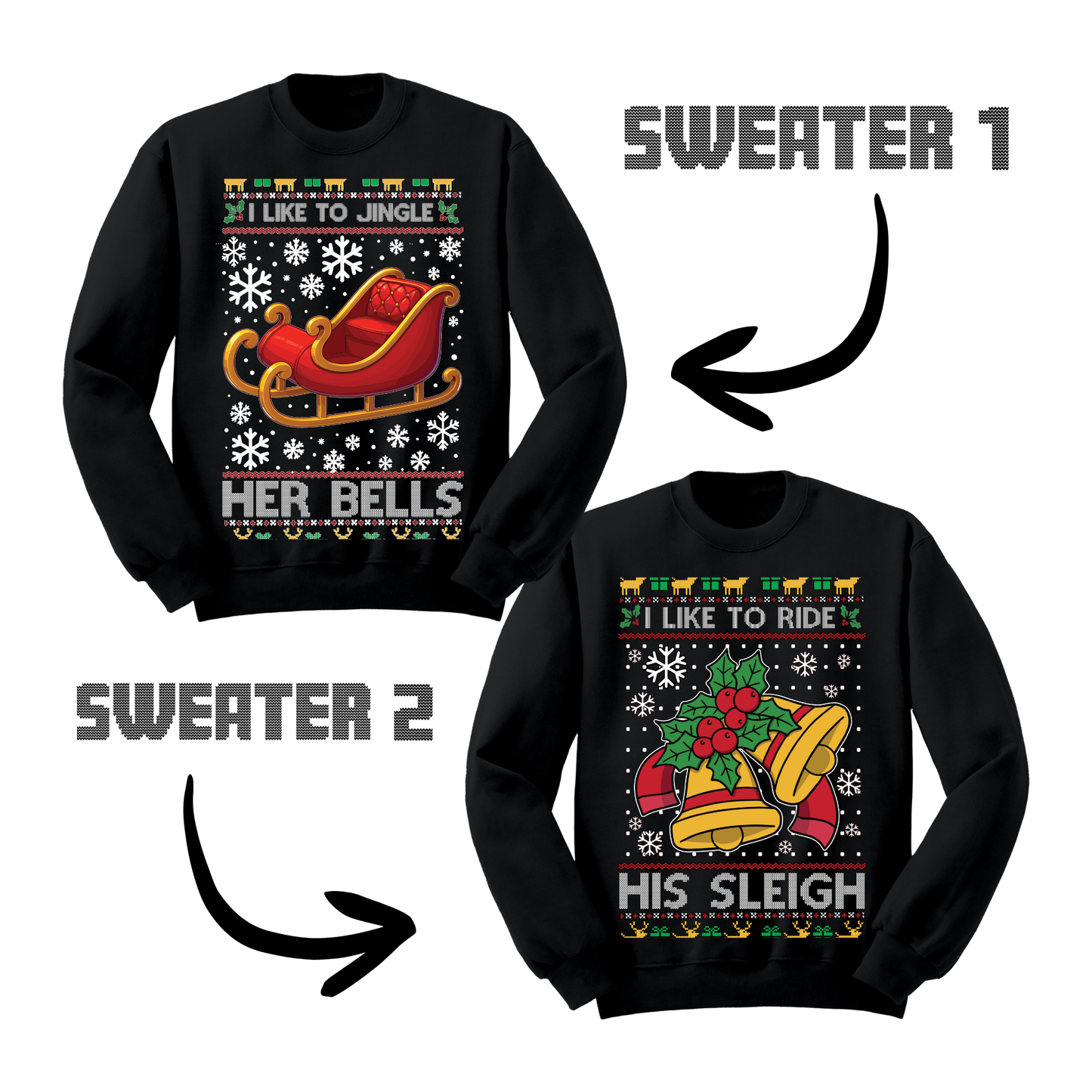 Couples Ugly Christmas Sweater Jingle Her Bells Ride His Sleigh
