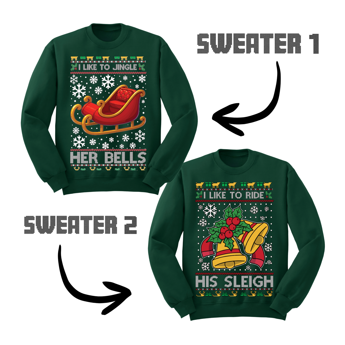 Couples Ugly Christmas Sweater Jingle Her Bells Ride His Sleigh