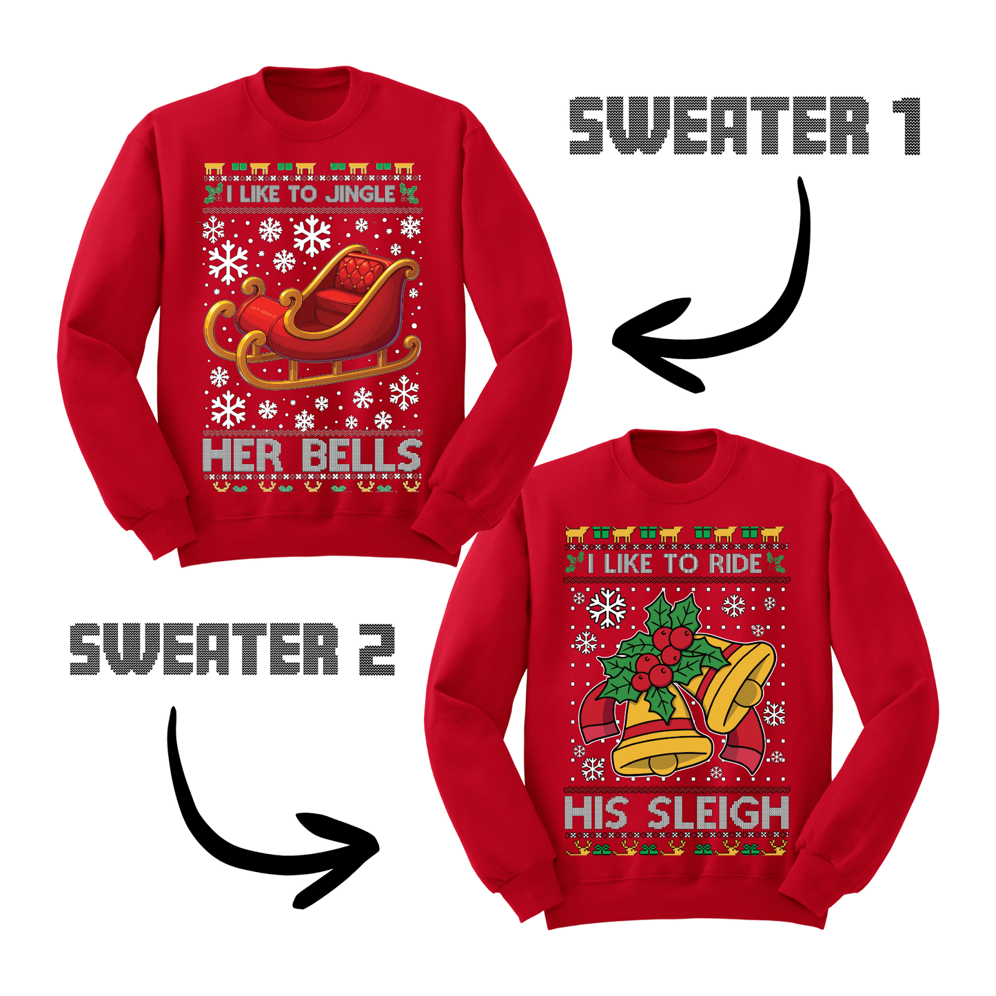 Couples Ugly Christmas Sweater Jingle Her Bells Ride His Sleigh