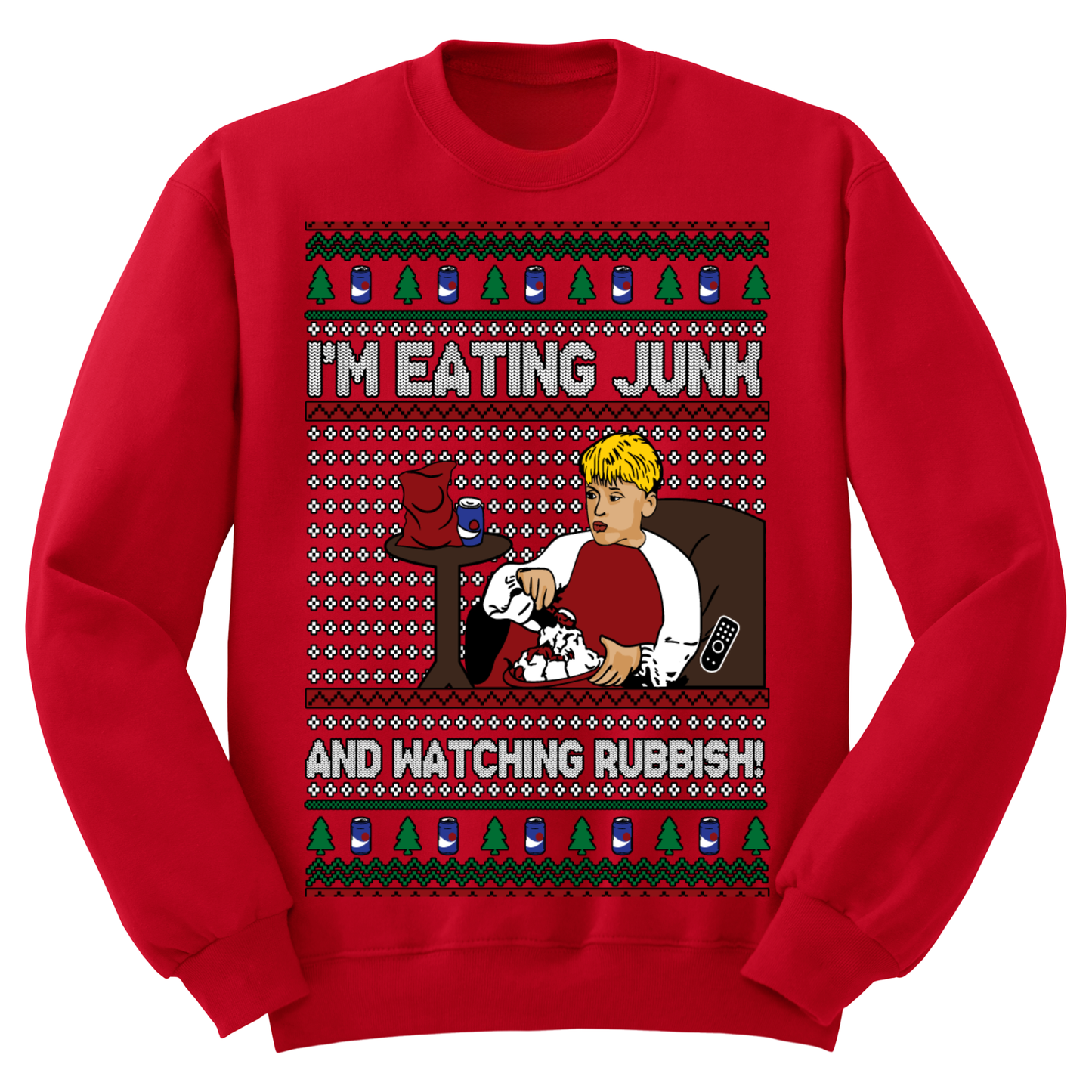 Ugly Christmas Sweater Eating Junk Watching Rubbish Kevin