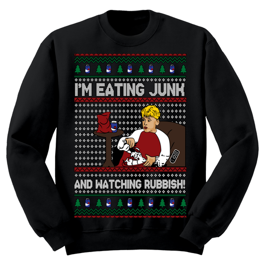 Ugly Christmas Sweater Eating Junk Watching Rubbish Kevin