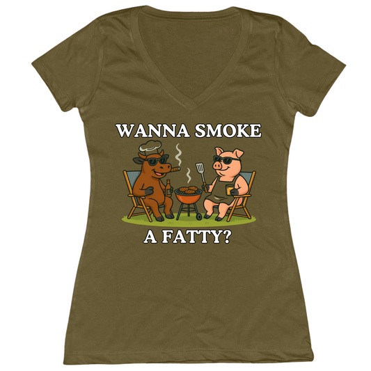 Wanna Smoke A Fatty Womens V-Neck Tee